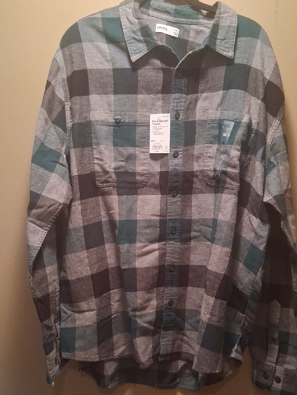 Sonoma Men's Green and Gray Plaid Soft Flannel Button-Up Shirt XXL